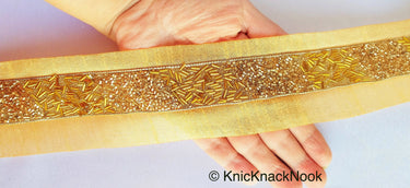 Beige Fabric Trim With Gold Seed Beads, Bugle Beads And Pipe Beads Embellishments, Beaded Trim
